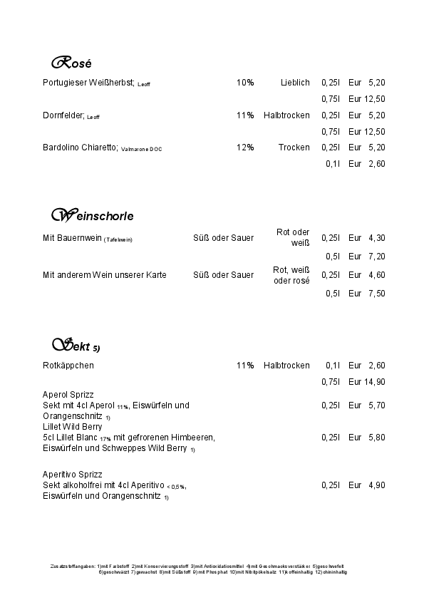 Weine rosé, Weinschorlen und Sekt